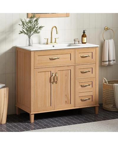 Sillysis 36" Modern Natural Bathroom Vanity with Ceramic Sink, Soft-Close Drawers, Double Door Cabinet, Ample Storage for Bathroom