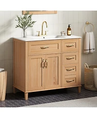 Sillysis 36" Modern Natural Bathroom Vanity with Ceramic Sink, Soft-Close Drawers, Double Door Cabinet, Ample Storage for Bathroom