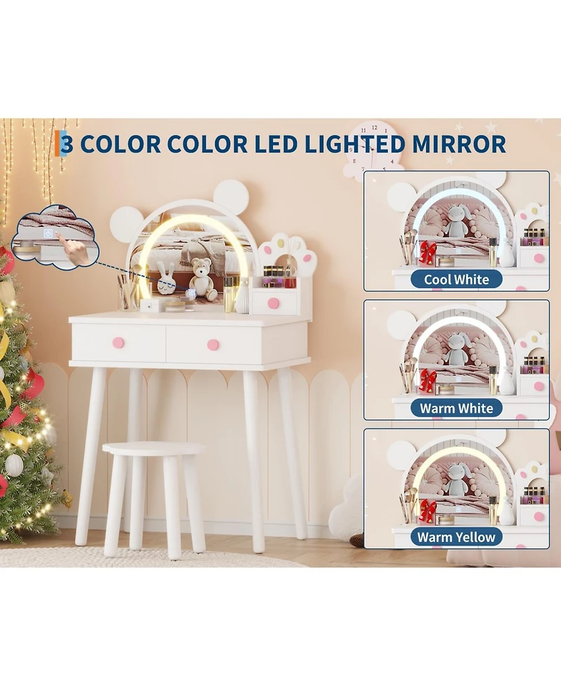 gaomon Kids Wooden Vanity Table and Chair Set with Touch Control Lighted Mirror and Drawers