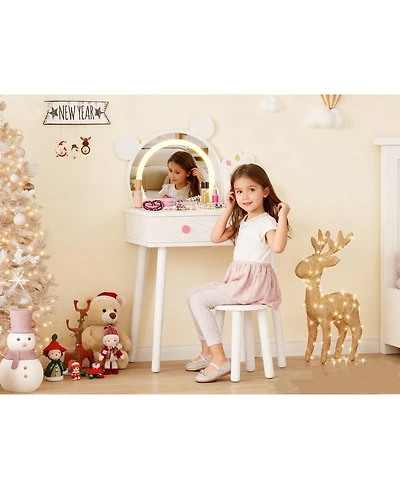gaomon Kids Wooden Vanity Table and Chair Set with Touch Control Lighted Mirror and Drawers