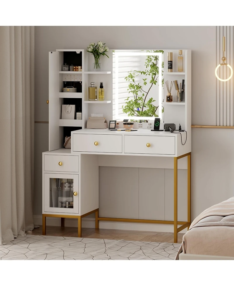 gaomon Modern Makeup Vanity Set with 3-Mode Lighted Mirror, Stool, 3 Drawers and Cabinet