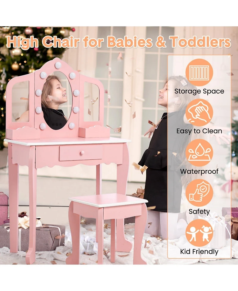 gaomon Toddler Vanity Set with 3-Panel Mirror and Stool