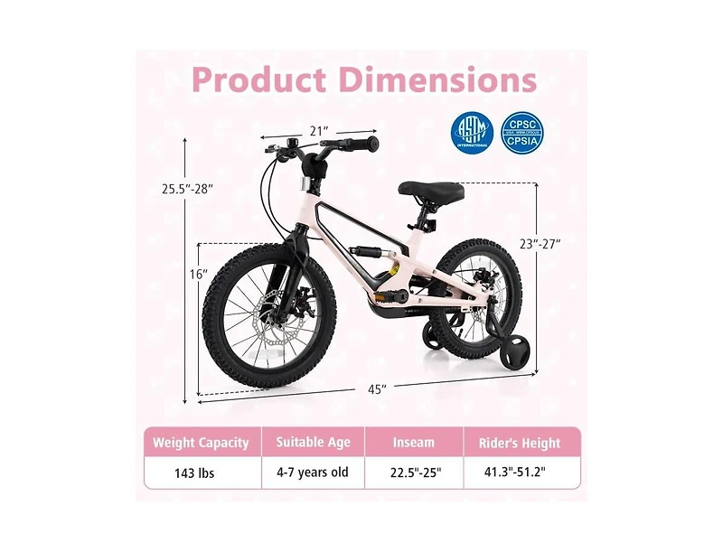 Hongge 16 Inch Kids Bike Lightweight with Detachable Training Wheels-4-7 Years