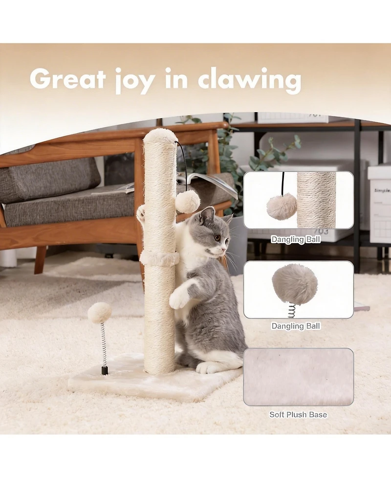 Aronkl 34" Tall Cat Scratcher Sisal Post Tree with Hanging Ball for Indoor Cats