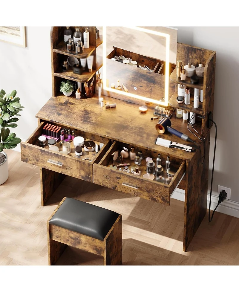gaomon Vanity Desk with Mirror and Lights, Makeup Vanity Desk with Lights 3 Colors, Makeup Table with 2 Drawers