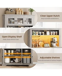 gaomon 68.7" Coffee Bar Cabinet with Led Light & Power Outlet, Farmhouse Kitchen Hutch 2 Storage Drawers, Wine Glass Rack, Adjustable Shelve