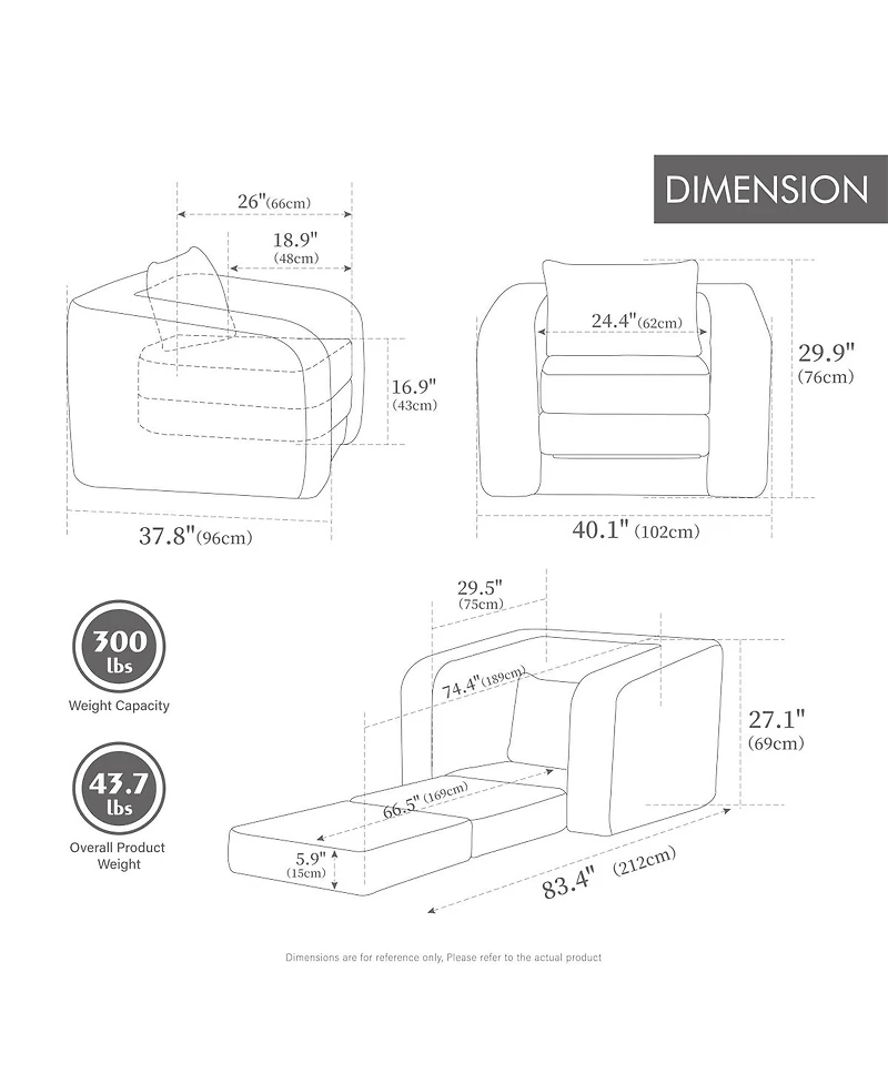 Streamdale Furniture Convertible Chenille Sofa Bed with Pillow - Single Seater