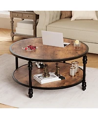 gaomon 31" Round Industrial 2-Tier Wood Coffee Table with Open Storage Shelf