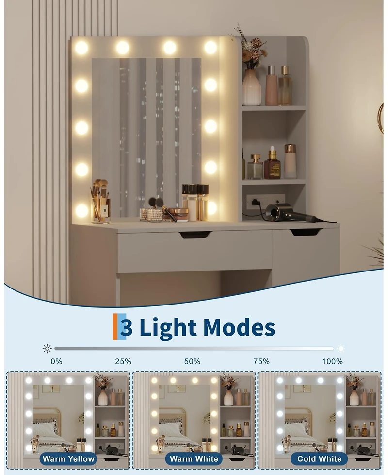 gaomon Kids Vanity Desk with 3-Color Touch Control Tri-Fold Lighted Mirror