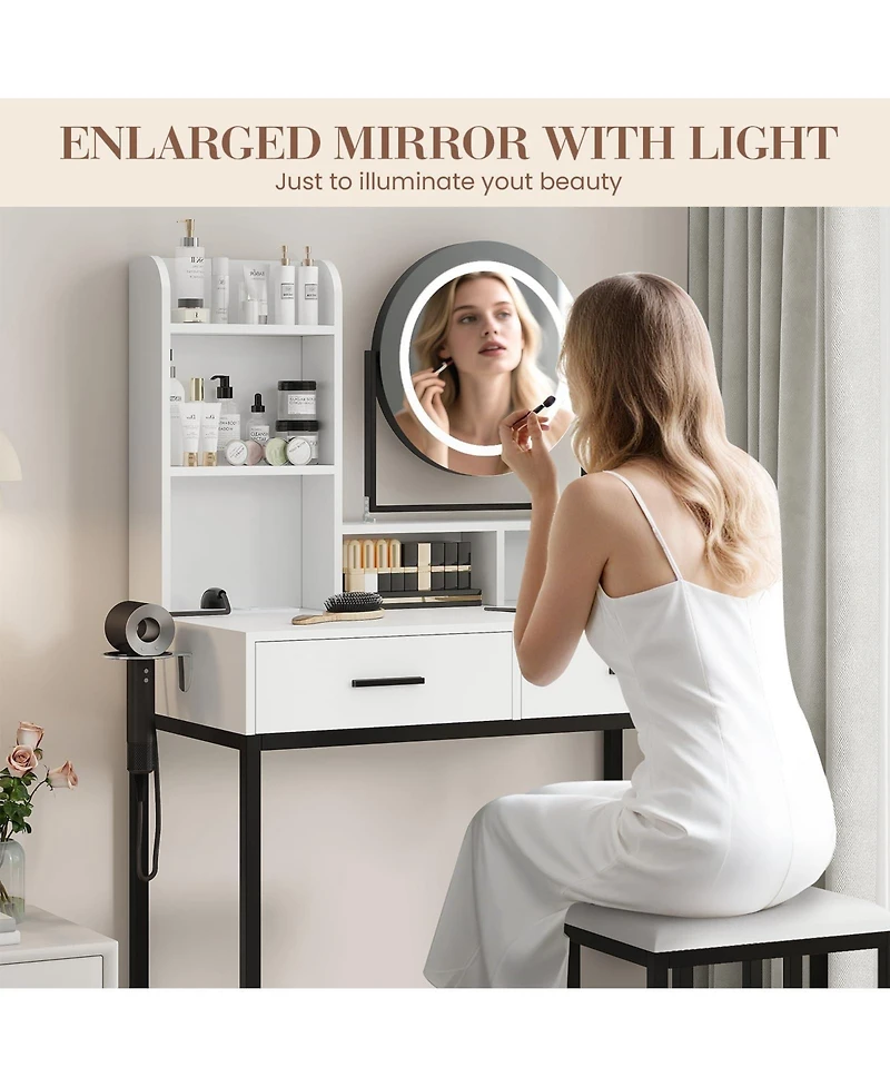 gaomon Makeup Vanity Set with Rotating Lighted Mirror, Stool