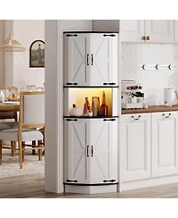 gaomon 64.6" Farmhouse Corner Cabinet with Led Light, Tall Bathroom Cabinet with 4 Barn Doors and 5 Tier Shelves, Freestanding Corner Bar Cabinet