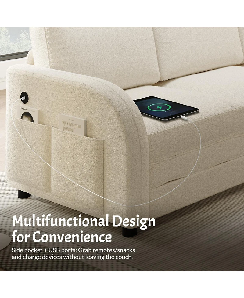 Streamdale Furniture Streamdale L-Shaped Sofa Couch with Pull-Out Bed & Usb Port, Teddy Upholstered Sectional