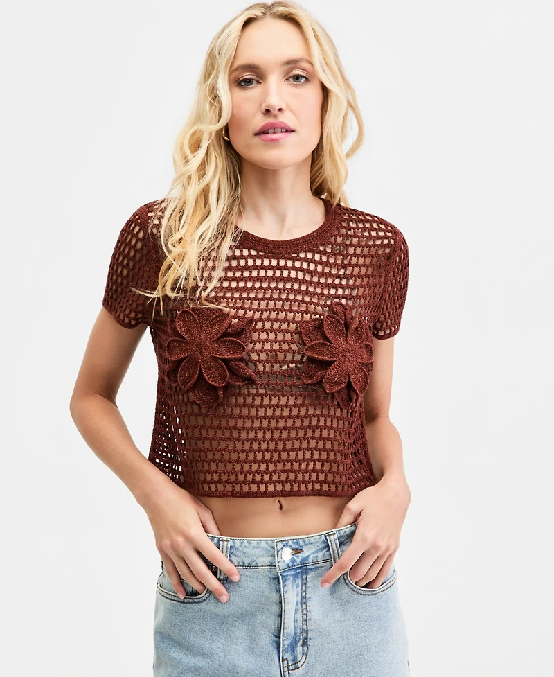 Bar Iii Women's Floral Crochet T-Shirt, Macy's Exclusive
