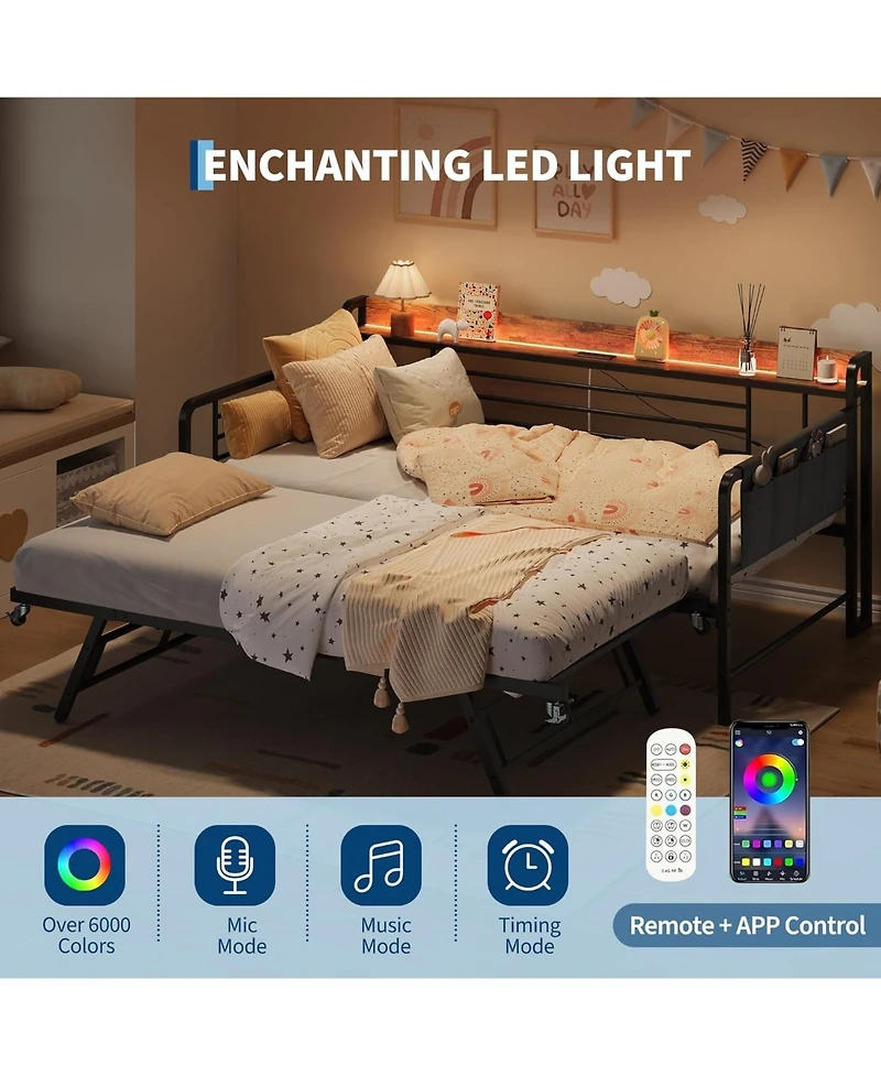 gaomon Daybed with Trundle Bed, Twin Bed Frame Storage Headboard & Charging Station and Led Light, Heavy Duty Metal Day Pop Up
