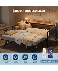 gaomon Daybed with Trundle Bed, Twin Bed Frame Storage Headboard & Charging Station and Led Light, Heavy Duty Metal Day Pop Up