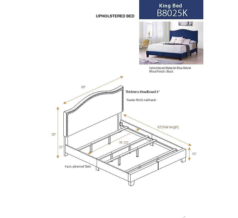 Kings Brand Furniture Transitional Upholstered Bed Velvet with Nailhead Trim Espresso Wood Legs