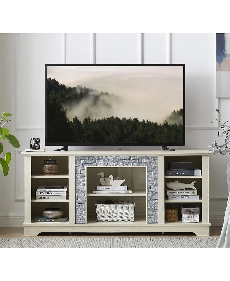 Streamdale Furniture Mantel Stone Tv Media Stand with Faux Stacked Stone Surround