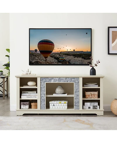 Streamdale Furniture Mantel Stone Tv Media Stand with Faux Stacked Stone Surround