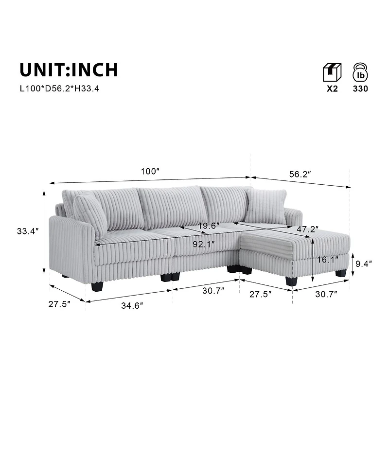 Streamdale Furniture 100-inch L-shaped corduroy sofa with modular seating and built-in charging ports