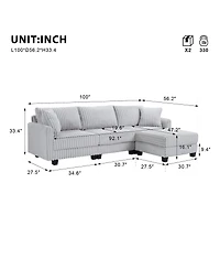 Streamdale Furniture 100-inch L-shaped corduroy sofa with modular seating and built-in charging ports