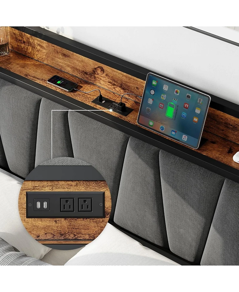 gaomon Queen Bed Frame With Storage Linen Upholstered Headboard 4 Drawers Charging Station