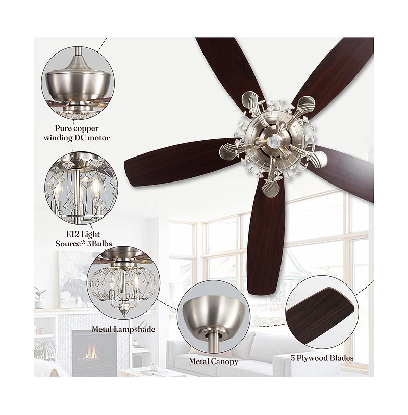 Sofucor 52-inch Modern Farmhouse Brown 5 - Blade Ceiling Fan with Crystal Accents