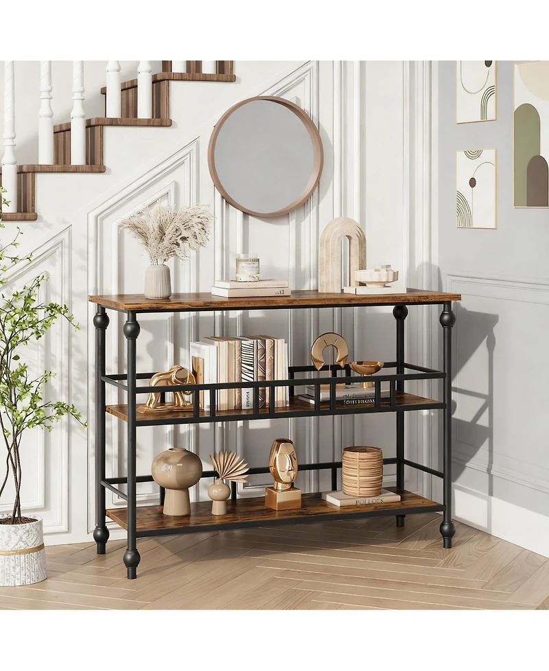 Yigii 43" Console Table 3-Tier Entryway Narrow Sofa Side Shelves Living Room Hallway Bedroom Rustic Brown