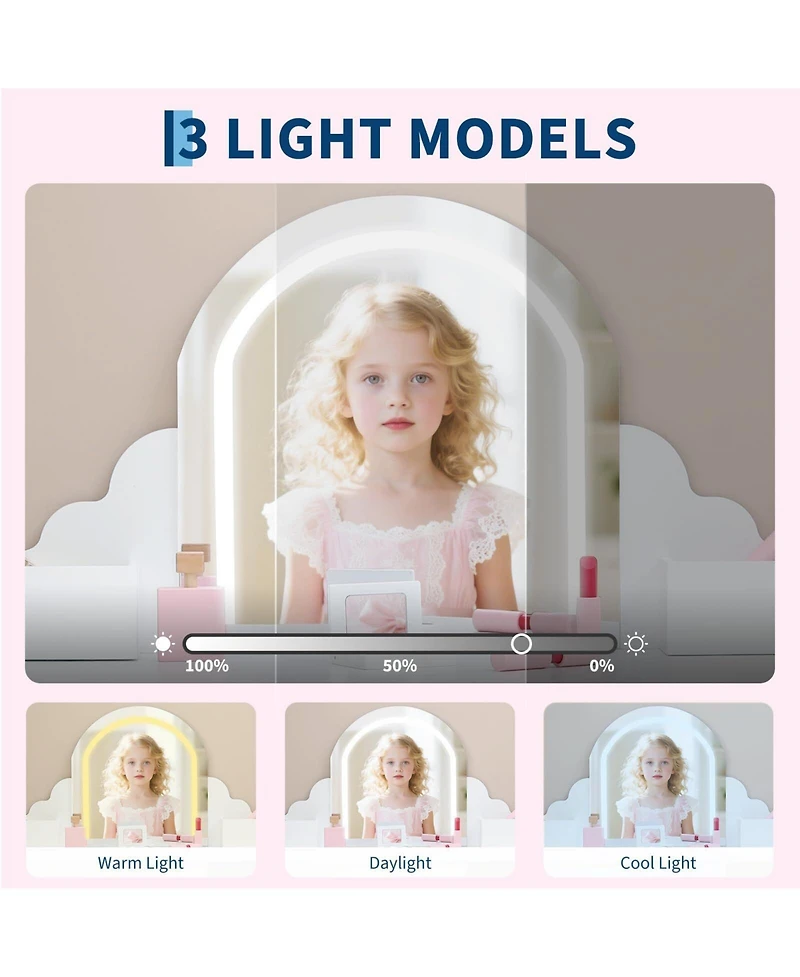 gaomon Kids Vanity Set with Adjustable Lighted Mirror, Stool, Drawer and Shelves