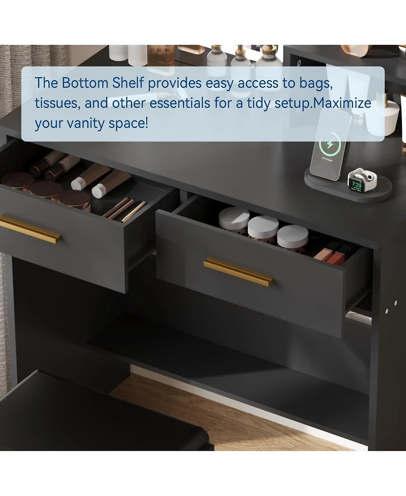 gaomon Makeup Vanity Set with Lighted Mirror, Chair, Drawers, Open Cabinet and Charging Station