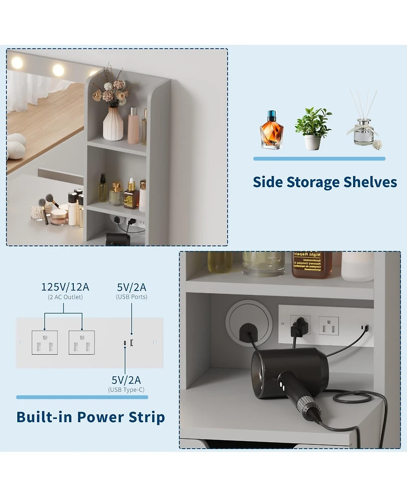 gaomon Modern Makeup Vanity Desk with Built-In Lighted Mirror and 4 Drawers