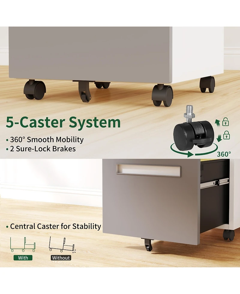 Rainsken 2-Drawer Mobile File Cabinet with Lock, Metal Storage Cabinet on 360° Wheels for Home Office Organizer, Holds A4/Letter/Legal Files