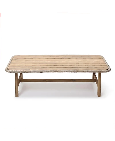 LuxenHome 47" Outdoor Coffee Table for Patio, Acacia Wood Patio Table with Woven Trim, Rectangular Outdoor Table for Patio, Balcony, and Porch