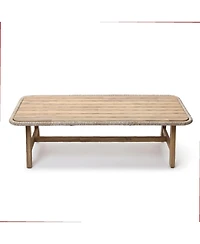 LuxenHome 47" Outdoor Coffee Table for Patio, Acacia Wood Patio Table with Woven Trim, Rectangular Outdoor Table for Patio, Balcony, and Porch