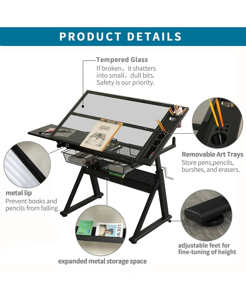 Streamdale Furniture Adjustable Tempered Glass Drafting Table with Chair & Storage