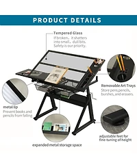 Streamdale Furniture Adjustable Tempered Glass Drafting Table with Chair & Storage