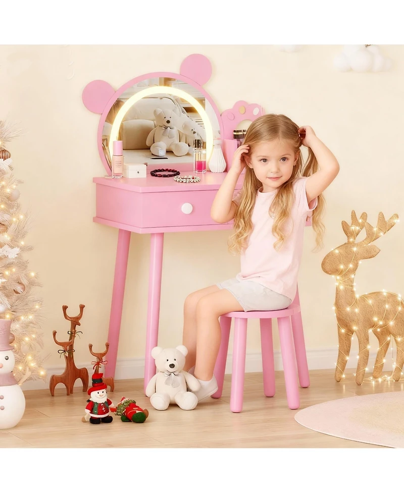gaomon Kids Wooden Vanity Table and Chair Set with Touch Control Lighted Mirror and Drawers