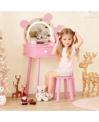 gaomon Kids Wooden Vanity Table and Chair Set with Touch Control Lighted Mirror and Drawers