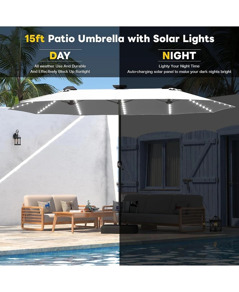 Aecojoy 15ft Double-Sided Patio Umbrella with Solar Lights Base Include Crank Handle|156 Piece Led