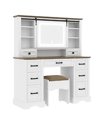 Streamdale Farmhouse Makeup Vanity Desk with Sliding Mirror, Led Lights, Stool & 9 Drawers