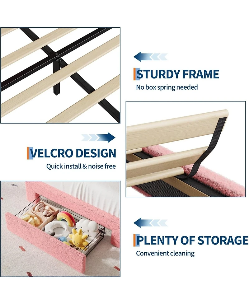 gaomon Queen Bed Frame Led Headboard Under Bed Drawer Metal Upholstered Platform Led Kids Bed Lamb Fleece Wood