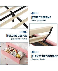 gaomon Queen Bed Frame Led Headboard Under Bed Drawer Metal Upholstered Platform Led Kids Bed Lamb Fleece Wood