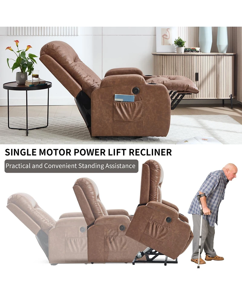 sumyeg Pu Power Lift Recliner 350LB capacity 8-point massage lumbar heat with Usb port and cup holders