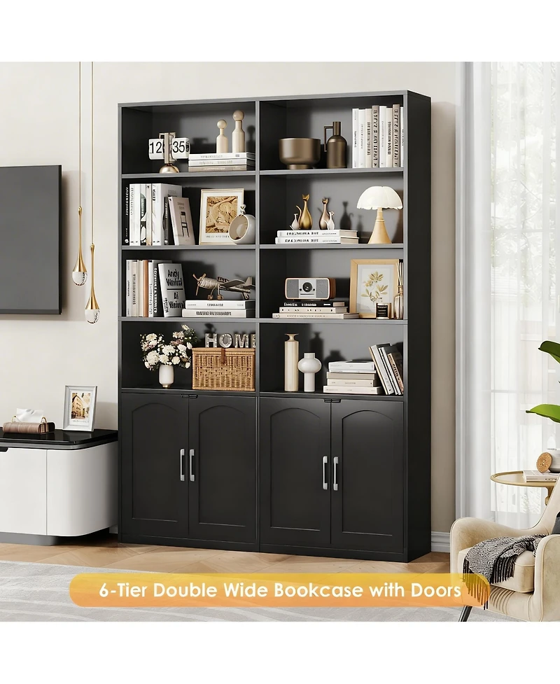 Yigii Bookshelf with Doors 6 Tier Double Wide Tall Storage Cabinet Open Display Shelves