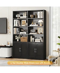 Yigii Bookshelf with Doors 6 Tier Double Wide Tall Storage Cabinet Open Display Shelves
