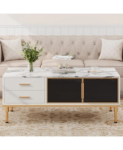 gaomon Minimalist Coffee Table with Faux Marble Top, Glass Doors and Metal Frame