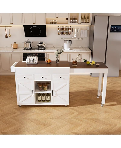 Streamdale Furniture 74.8" White Kitchen Island with Extendable Table, Power Outlet & Storage