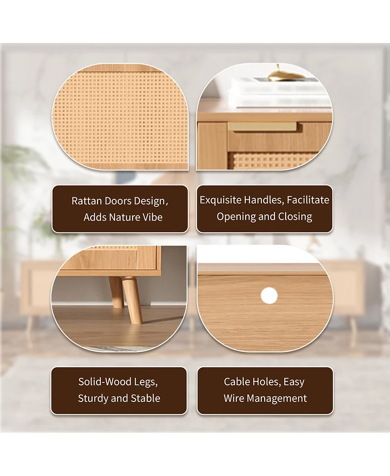 sumyeg Rattan Cabinet Tv Stand for TVs up to 90", Modern Farmhouse Media Console with Solid Wood Legs