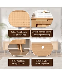 sumyeg Rattan Cabinet Tv Stand for TVs up to 90", Modern Farmhouse Media Console with Solid Wood Legs
