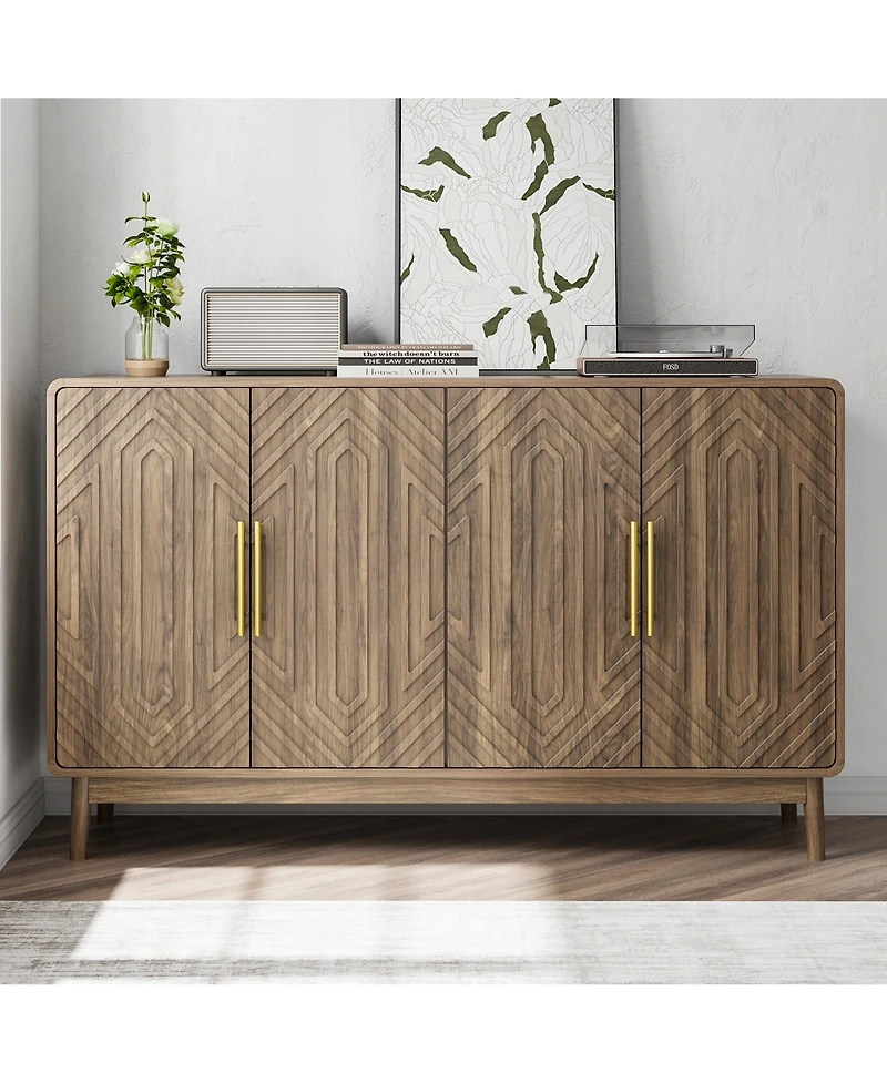 Storage Cabinet With Carved 4 Door Adjustable Layer Board