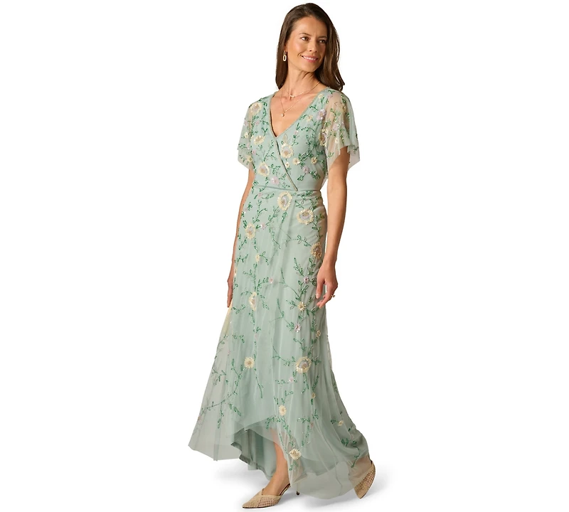 Adrianna Papell Women's Bead Flutter-Sleeve Midi Mesh Dress